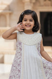 Cream And Lilac Floral Printed Dress with Lace Detailing For Girls