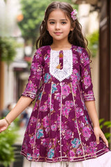 Wine Floral Printed Ethnic Sharara Set For Girls