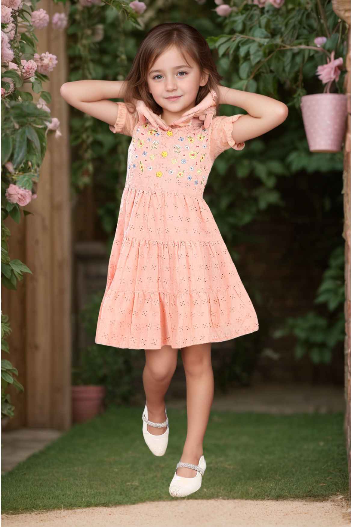 Peach Hakoba And Embroidered Casual Cotton Frock For Girls