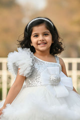 White One-Shoulder Sequin Party Frock with Layered Tulle For Girls
