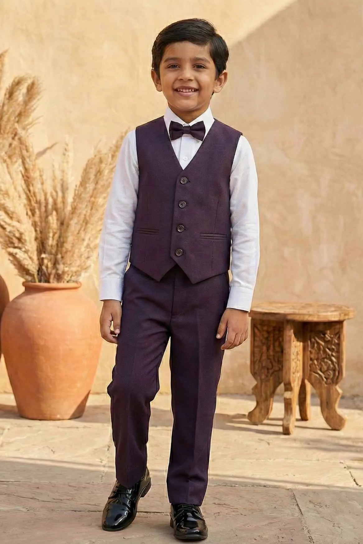 Plum Purple Suit With Bead Work For Boys