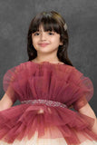 Maroon and Ivory Layered Tailback Party Dress For Girls