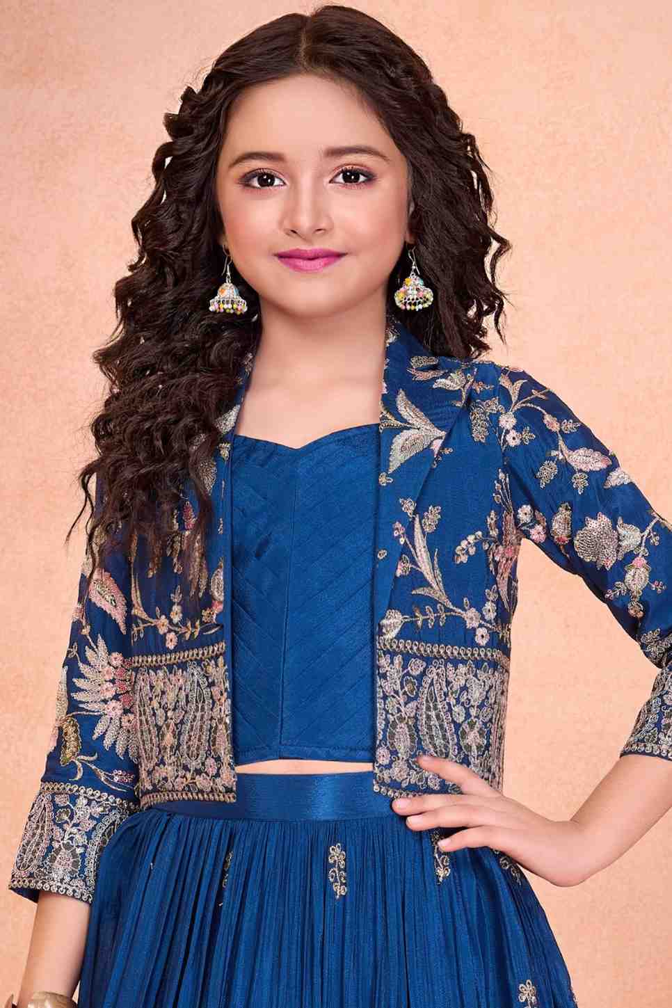Royal Blue Lehenga Set With Embroidered Jacket For Girls