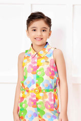 Stylish Cream Floral Printed Jumpsuit With Waist Belt For Girls