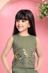 Mehendi Green Sleeveless With Floral embroidered Top And Pant Set For Girls