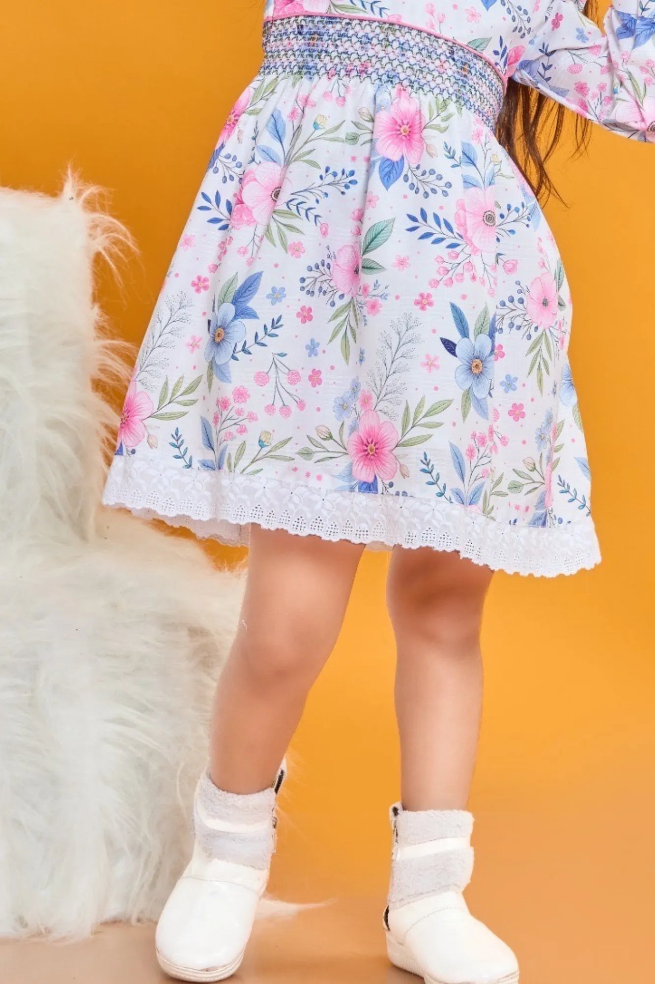 Pink & Blue Floral Dress with Peter Pan Collar For Girls