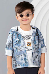 Blue Printed Hoodie With White T-Shirt And Pant Set For Boys