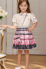 Stylish Beige And Pink Printed Frock With Sling Bag For Girls