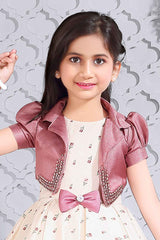 Floral Printed Cream Partywear Frock With Onion Pink Overcoat For Girls