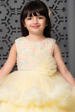 Lemon Yellow Frock With Floral Embellishment For Girls
