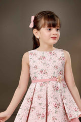 Classic Printed Peach Sleeveless Frock For Girls