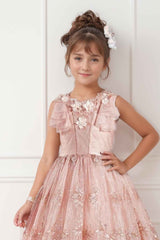 Pink Sequin Net Party Wear Gown Embellished With Floral For Girls