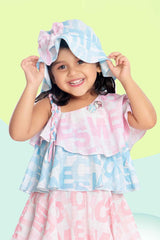 Pink And Blue Frilled Printed Dress With Cap For Girls