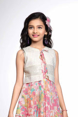 Stylish Pink Floral Printed Sleeveless Frock With Waist Coat For Girls