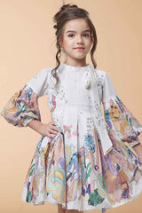 Cream 3/4th Sleeves And Printed Frock For Girls