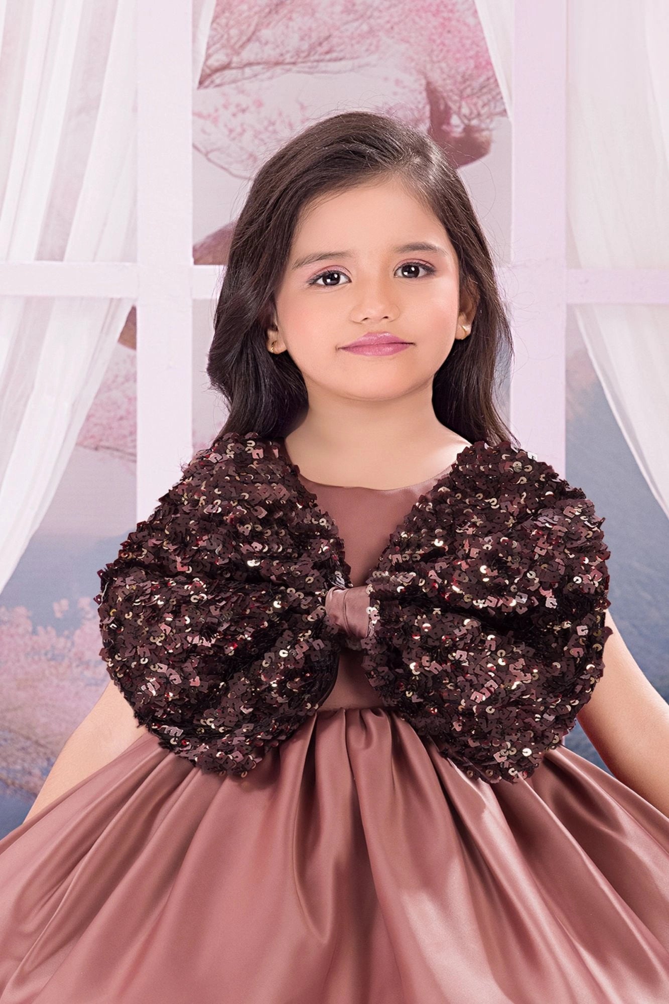 Dusky Peach Satin Party Frock with Oversized Sequin Bow For Girls