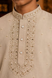 Boys Ivory Mirror Embroidered Kurta Pajama Set With Embroidery