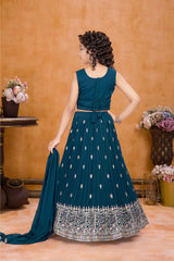 Teal Blue Sequins Work And Embroidered Lehenga Choli For Girls