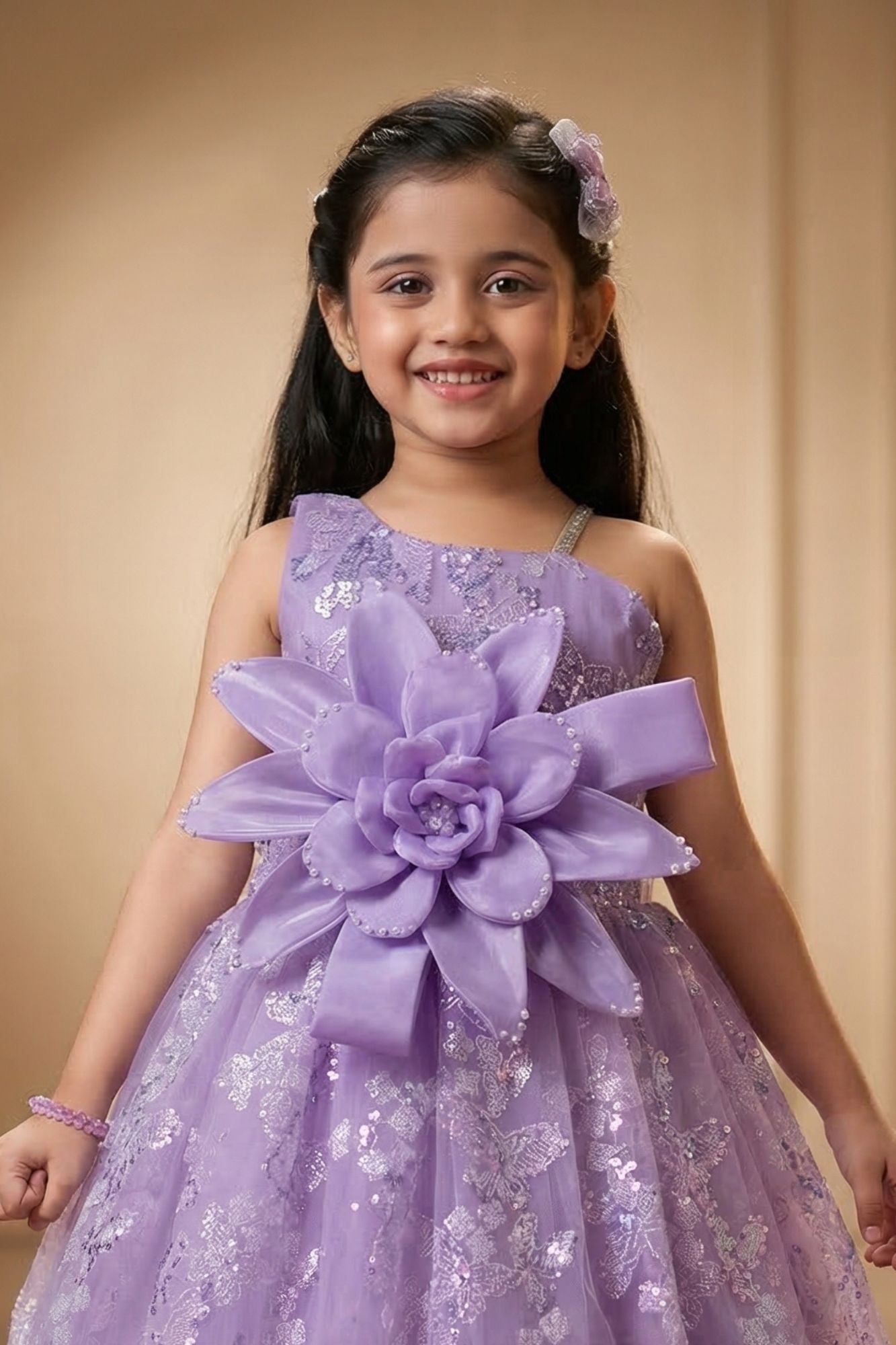 Lavender Floral Applique Assymetrical Party Wear Gown with Big Bow For Girls