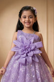 Lavender Floral Applique Assymetrical Party Wear Gown with Big Bow For Girls