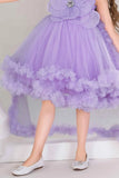 Purple High-Low Party Frock With 3D Floral Appliqué For Girls