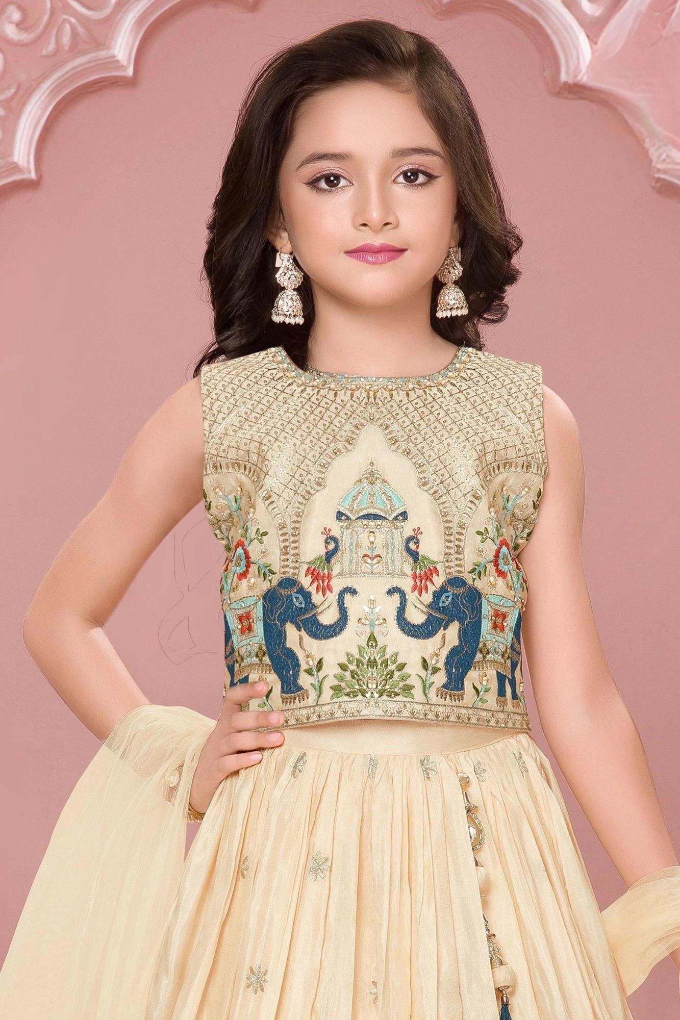 Cream Lehenga Choli Set With Elephant Embroidery And Dupatta For Girls