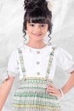 Multicolour Ajrakh Printed Dungaree Set With White Shirt For Girls