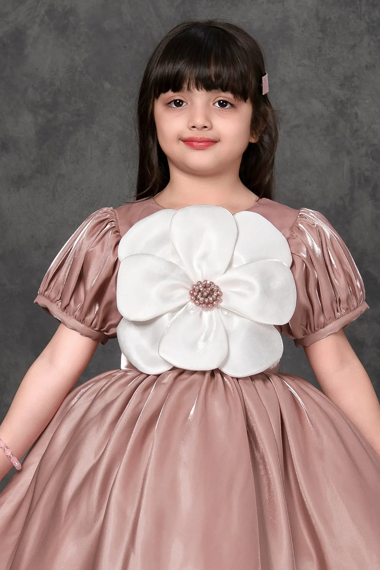 Peach Party Frock with Oversized Floral Appliqué For Girls
