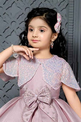 Onion Pink Bow Embellished Party Wear Frock With Sequins Work Overcoat For Girls