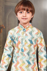 Lemon ZigZag Printed Kurta And White Bottom Set For Boys