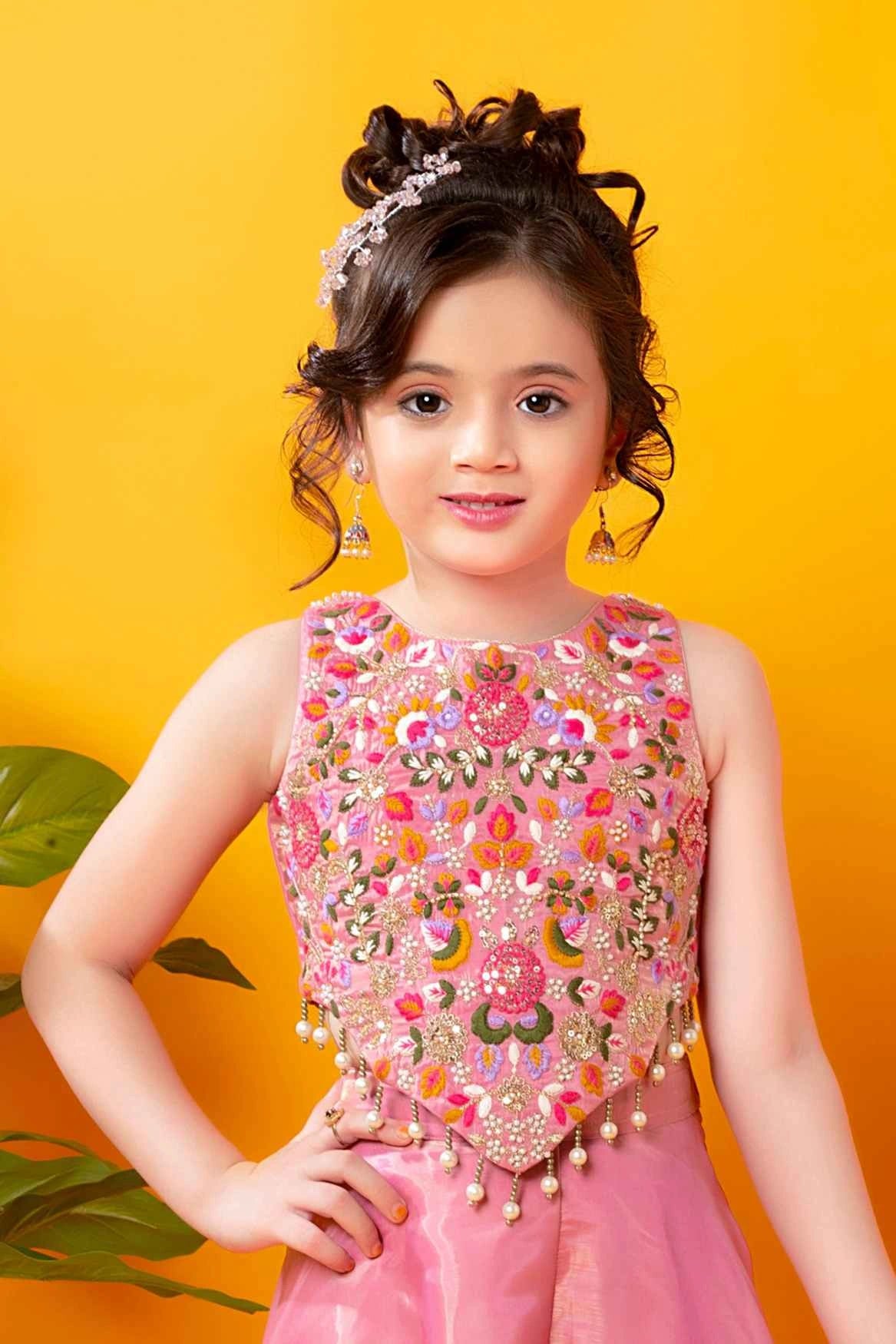 Pink Sequins Work With Thread Embroidery Palazzo Set For Girls