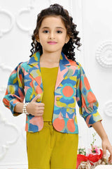 Mustard Co-ord Set With Printed Overcoat For Girls