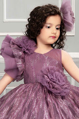 Wine Shimmer Designer Party Frock With Floral Embellishments For Girls