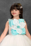 Off-White and Blue High-Low Party Frock with 3D Flower Appliqué For Girls