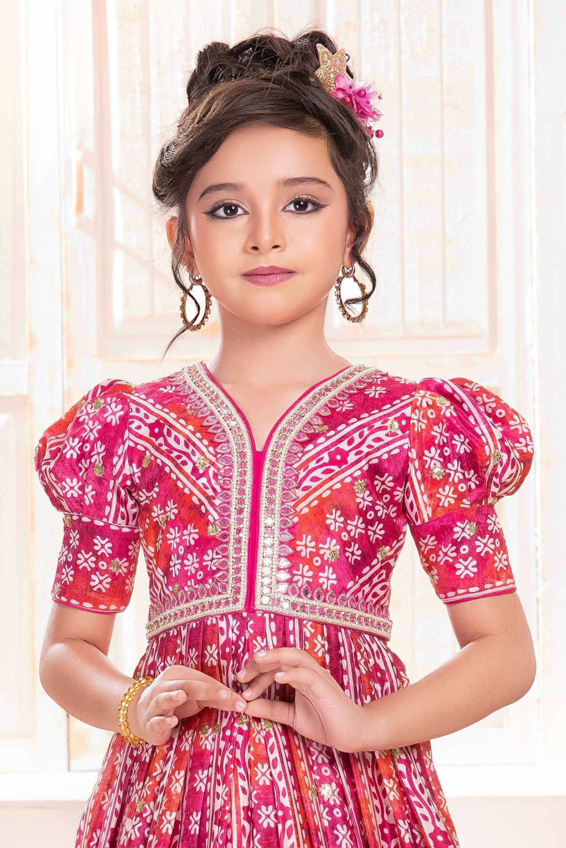 Pink Printed Ethnic Gown With Mirror Embroidery For Girls