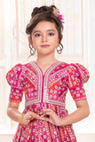 Pink Printed Ethnic Gown With Mirror Embroidery For Girls