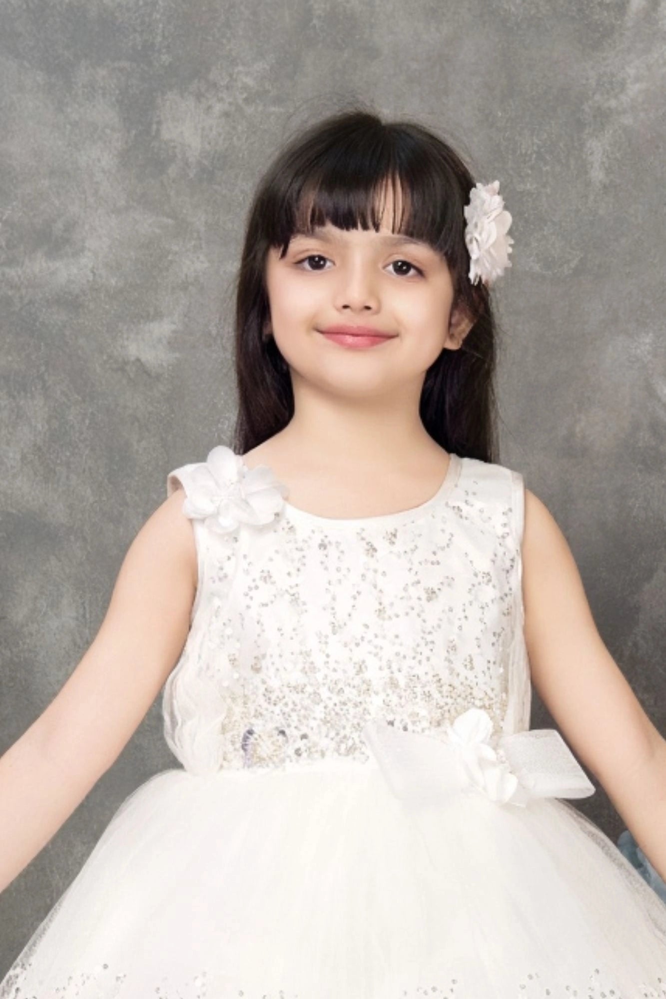 White Sequin Party Wear Frock with Floral Appliqué for Girls