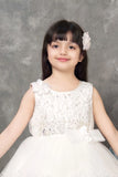 White Sequin Party Wear Frock with Floral Appliqué for Girls