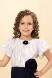 Navy Blue And Silver Floral Embellished Party Wear Dress For Girls