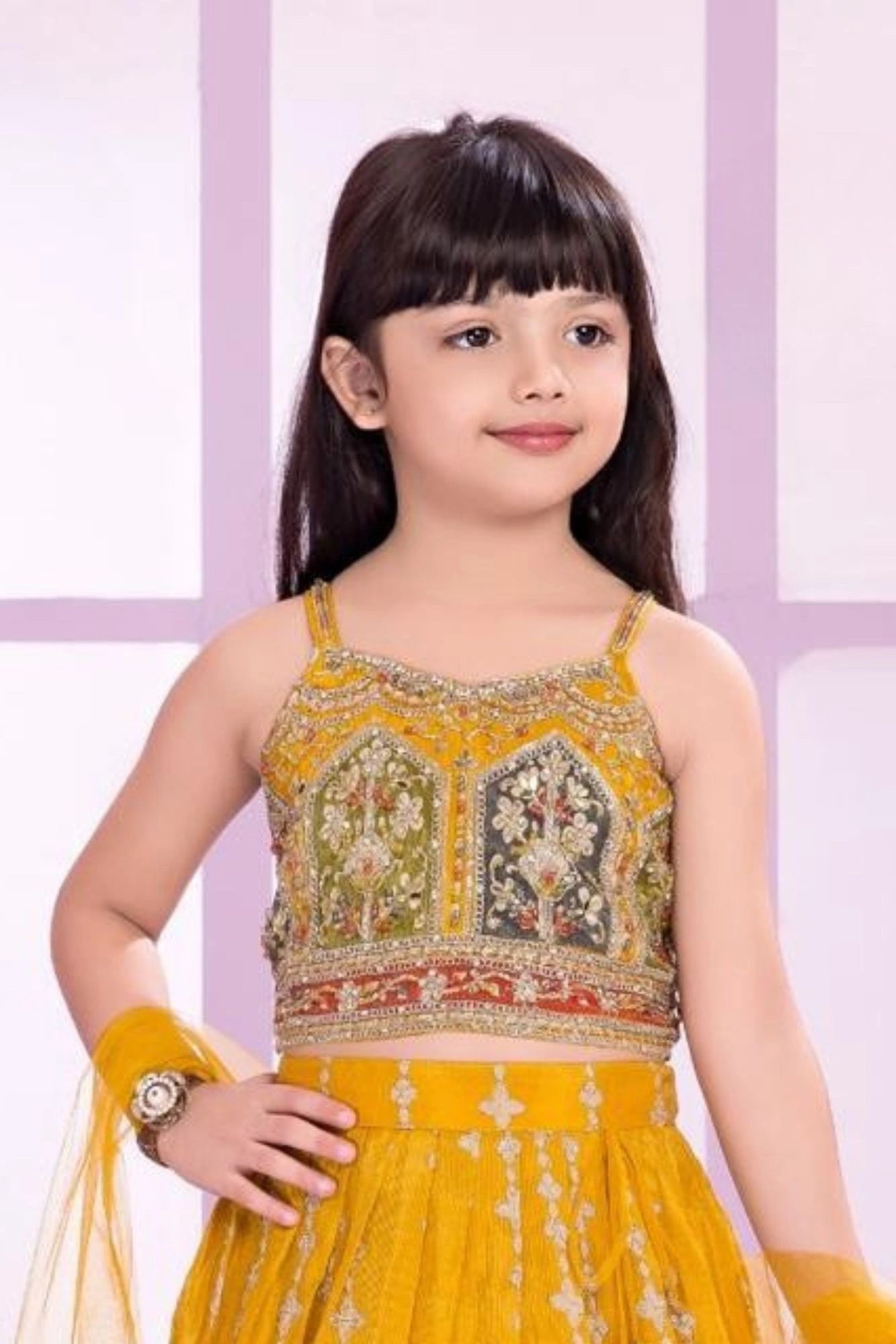 Yellow Embroidered Lehenga Choli Set with Dupatta & Tassel Detail For Girls