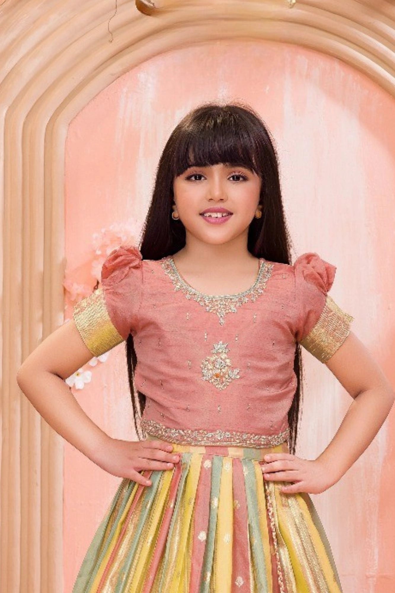 Multicolor Silk Embroidered Pattu Pavadai with Puff Sleeves For Girls