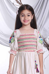 Stylish Beige Casual Frock With Embroidery for Girls