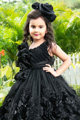 Designer Black Satin Gown With Embellished Flowers For Girls