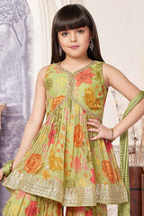 Green Sleeveless And Sequins Embroidery With Floral Printed Sharara Set For Girls