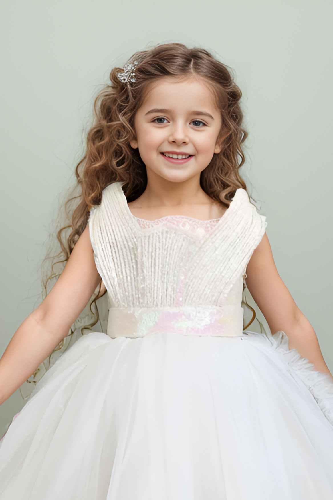Designer White Sequin Partywear Net Tailback Frock For Girls - Lagorii Kids