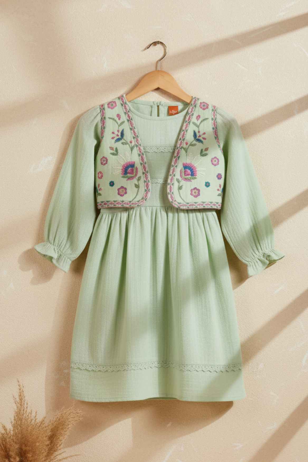 Pastel Green Textured Dress with Embroidered Vest and Tassel Tie-Up Fo –  Lagorii Kids