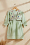 Pastel Green Textured Dress with Embroidered Vest and Tassel Tie-Up For Girls