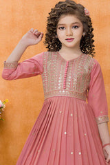 Peach Sequins Work And Zari Embroidered Ethnic Gown For Girls