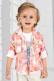 Orange Printed Shirt And Beige Blue Pant With White T-Shirt Set For Boys