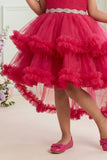Rani Pink Layered Ruffle High-Low Party Wear Frock For Girls